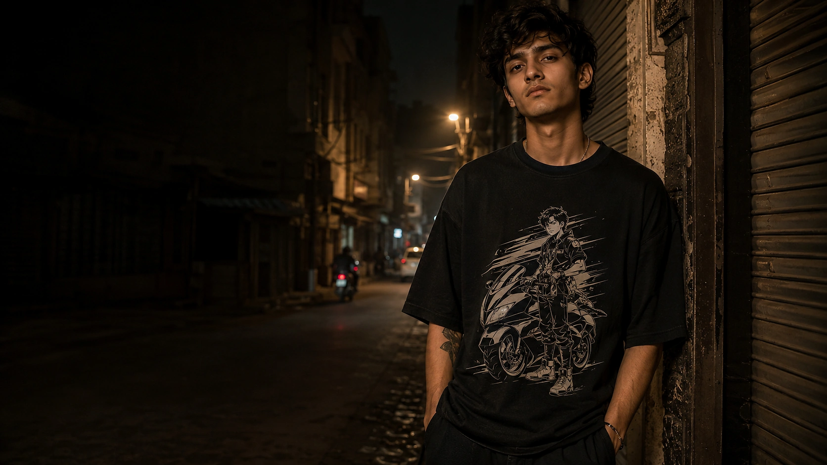 Young man in a black graphic T-shirt leaning against a shutter on a street at night