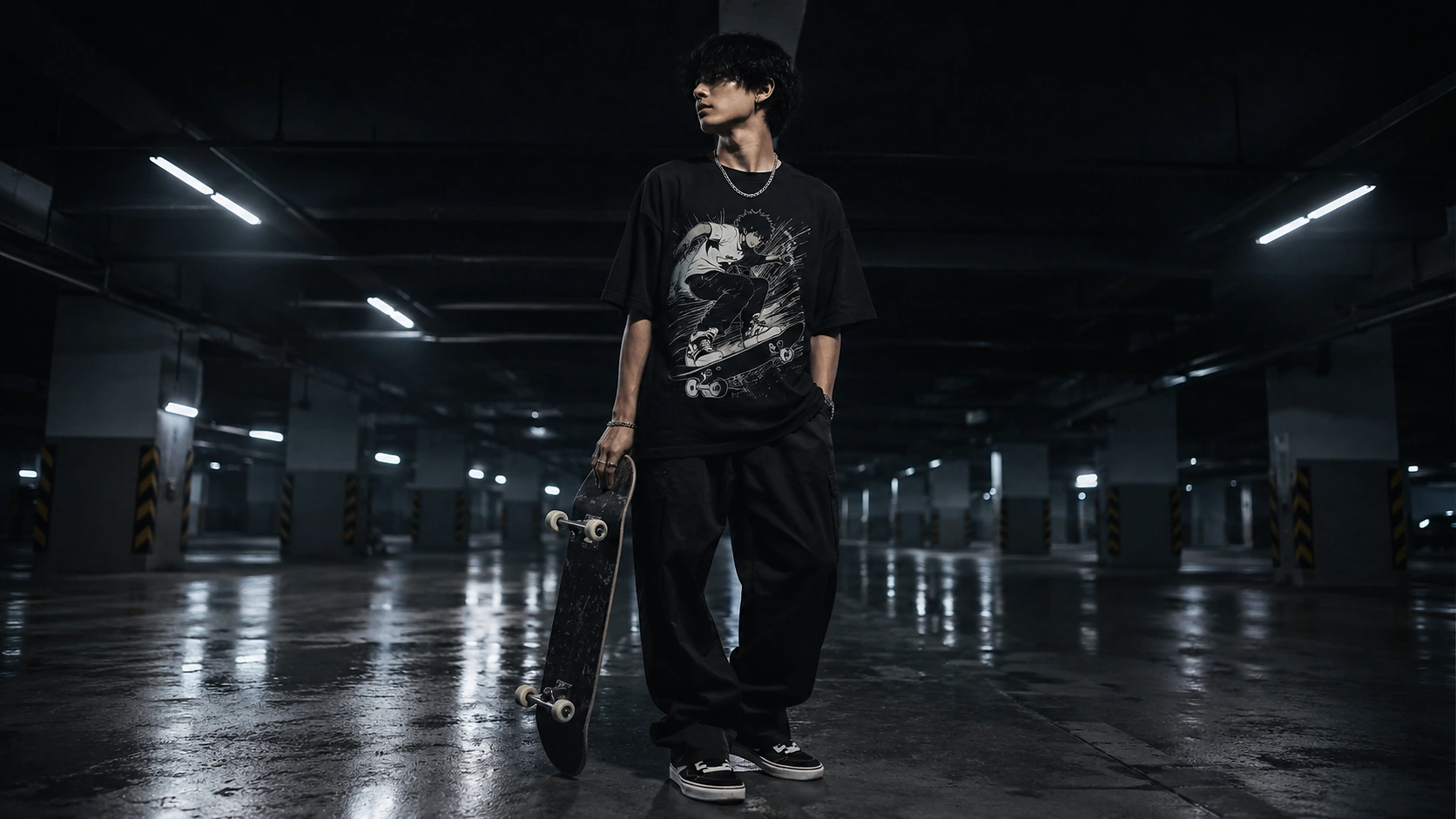 Young man holding a skateboard, wearing a black graphic T-shirt in a parking garage