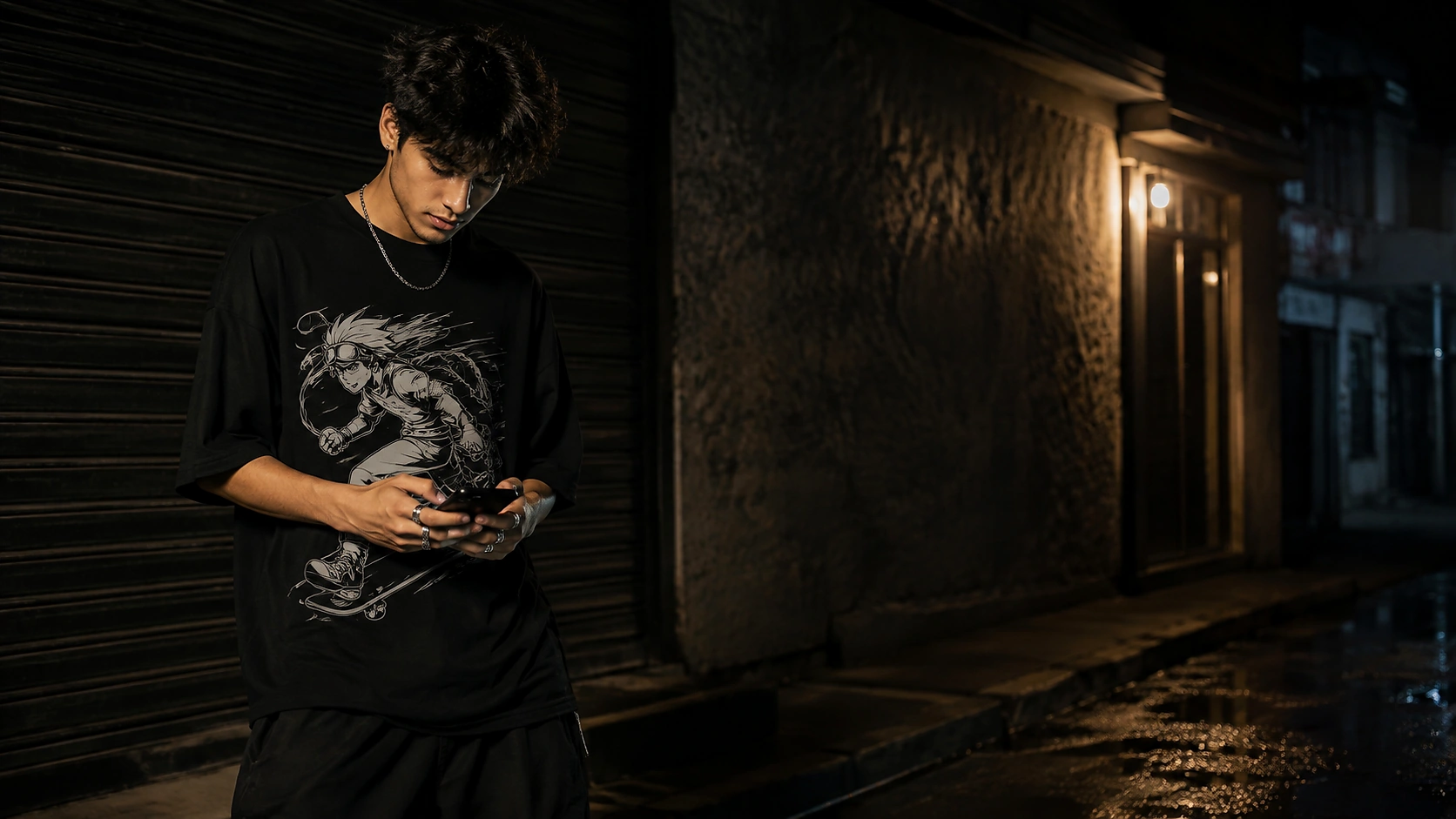 Young man in a black graphic T-shirt using his phone on a street at night