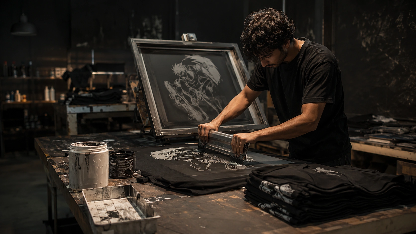 Screen printing a graphic design onto a black T-shirt in a dark workshop