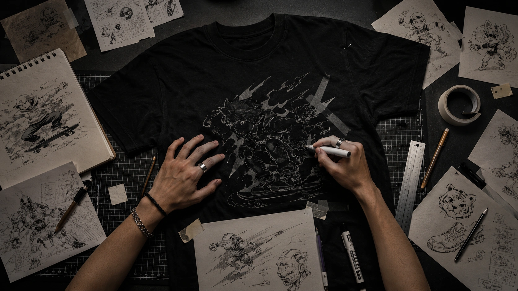 Hands drawing a custom design onto a black T-shirt on a worktable covered in sketches