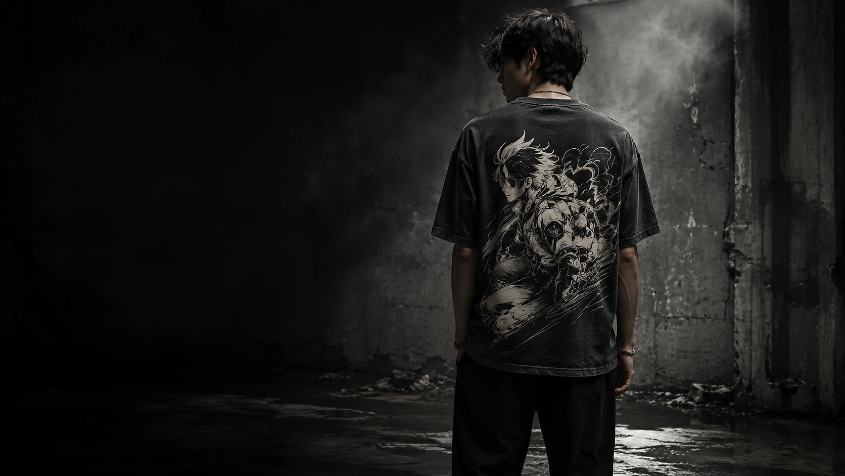 Young man seen from behind wearing a black graphic T-shirt against a concrete wall