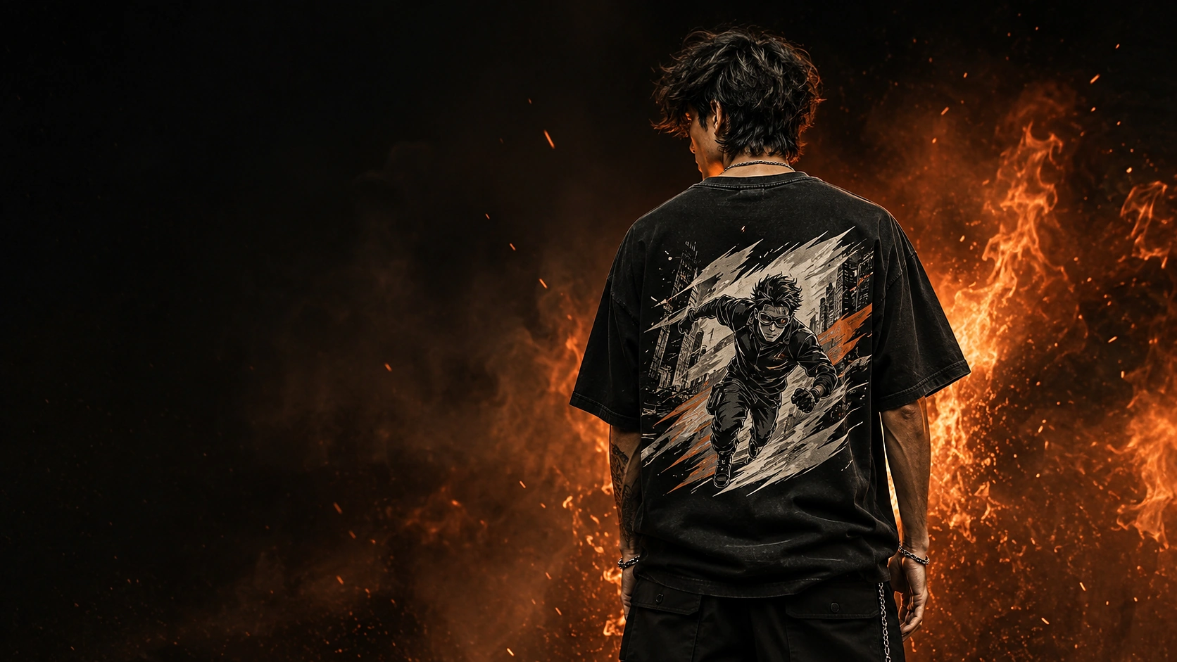 Young man from behind in a black graphic T-shirt with flames rising behind him