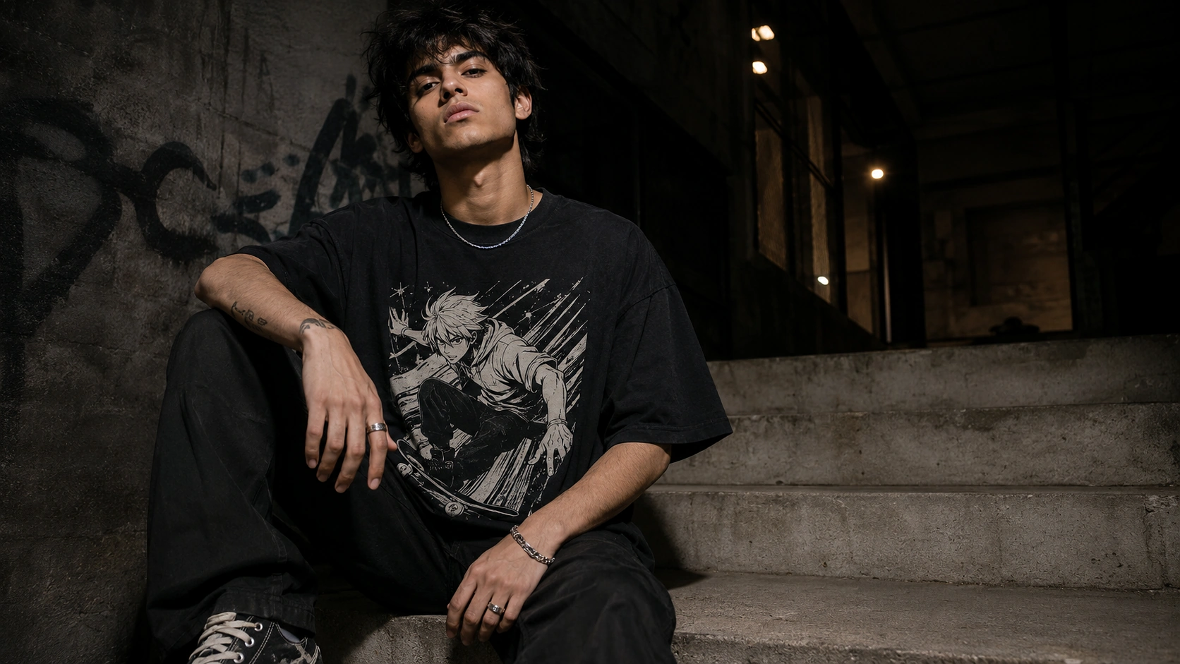 Young man in a black graphic T-shirt sitting on concrete steps at night