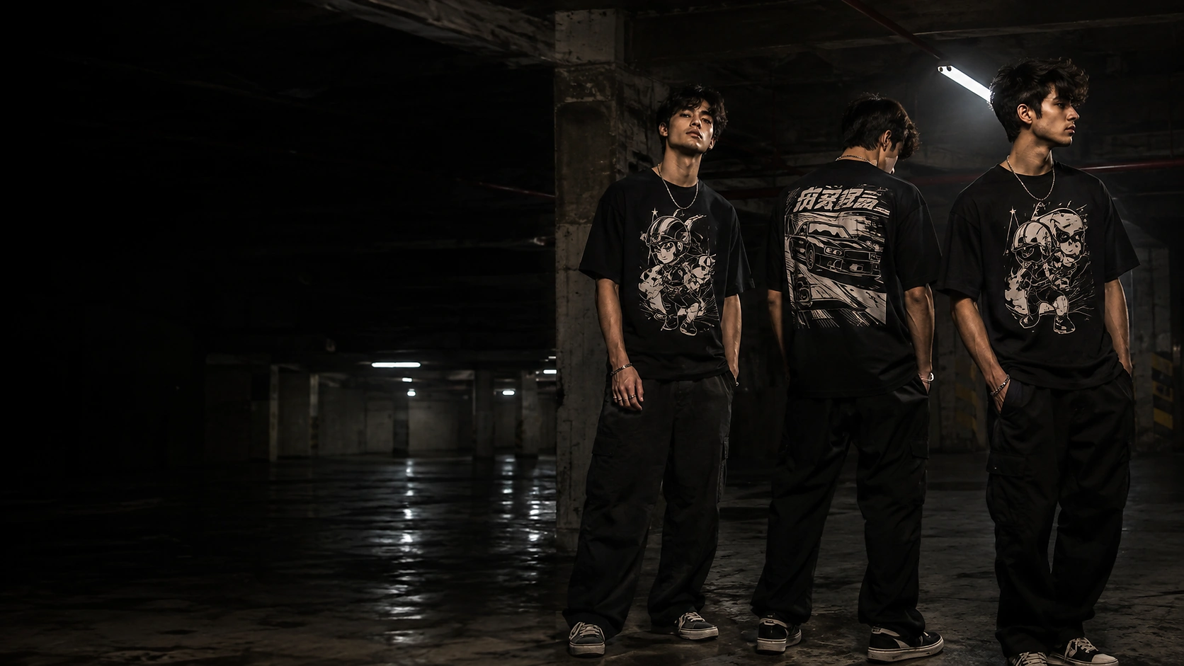 Three young men in black graphic T-shirts standing in a dark concrete parking structure